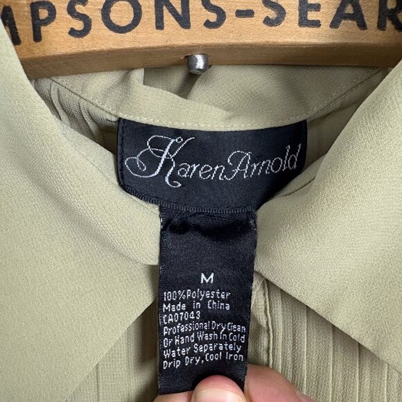 Karen Arnold Pleated Button-Up Blouse Long Sleeve Olive Green Size Medium - Picture 4 of 5